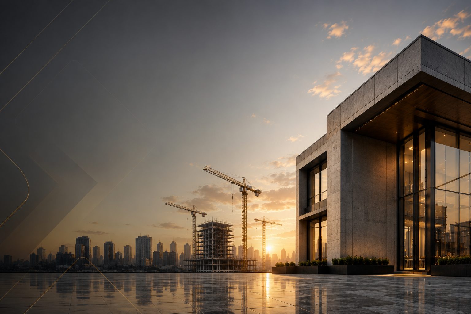 Cornerstone construction site at sunrise