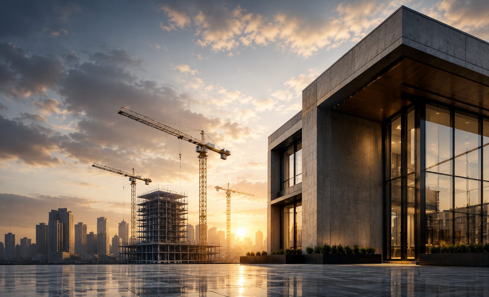 Completed commercial building alongside active construction